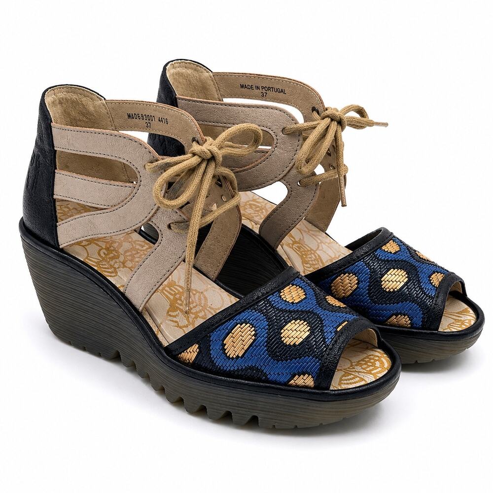FLY London YEJI Women 37 Leather Wedge Sandals Blue Tan Lace Up NWOB